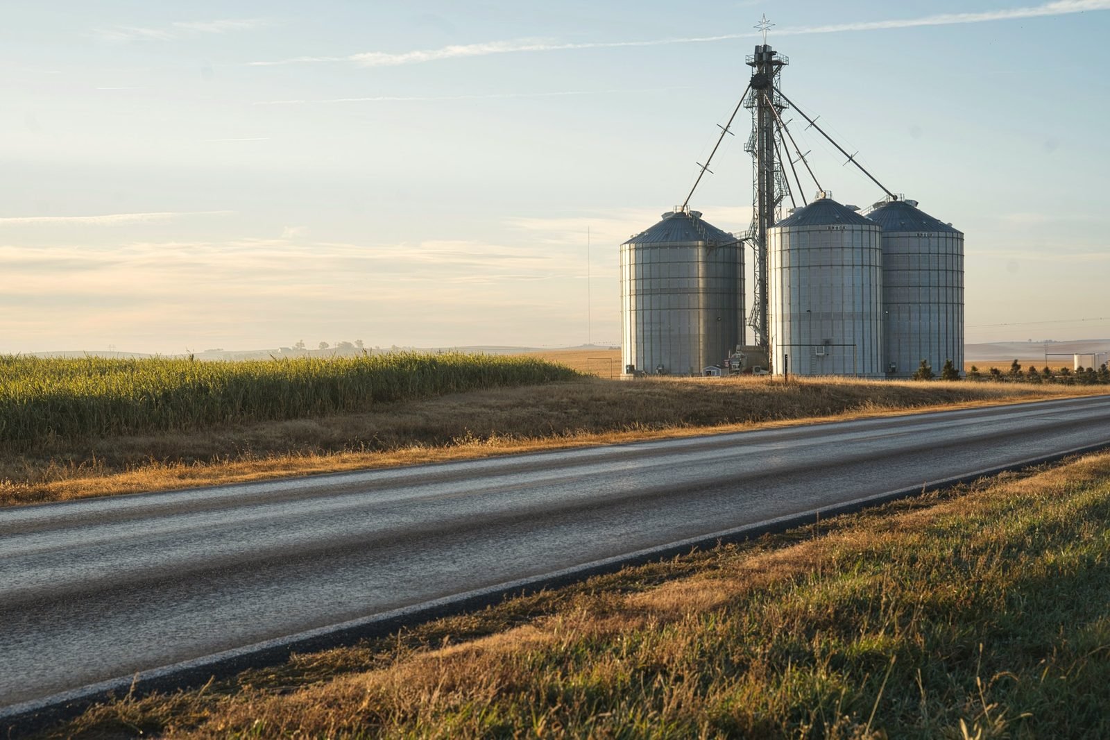 Grain bins beside a two-lane country road